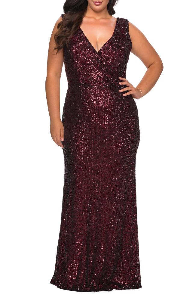 La Femme Sequin V-Neck Trumpet Gown in Wine Cover