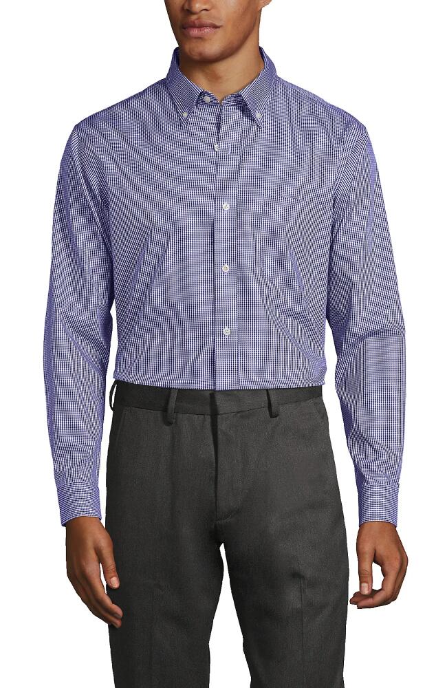 Lands' End Traditional Fit Solid No Iron Supima Pinpoint Buttondown Collar Dress Shirt in Rich Sapphire Check Cover