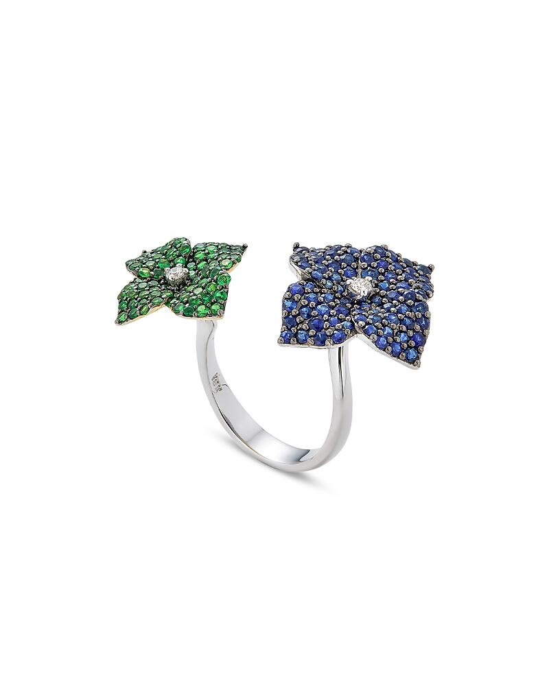 Piranesi 18K White Gold Double Flower Diamond, Sapphire & Tsavorite Ring Cover