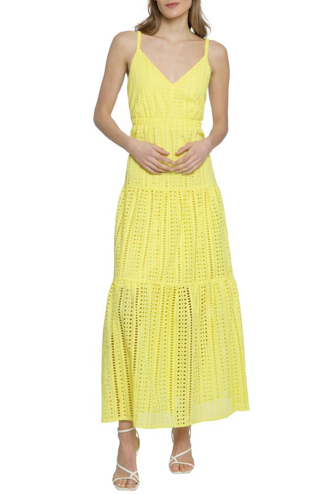 DONNA MORGAN FOR MAGGY Cutout Tiered Eyelet Maxi Sundress in Yellow Cover