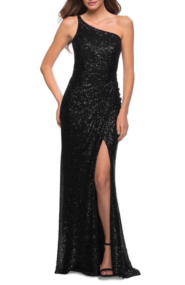 La Femme Sequin One-Shoulder Gown in Black Cover