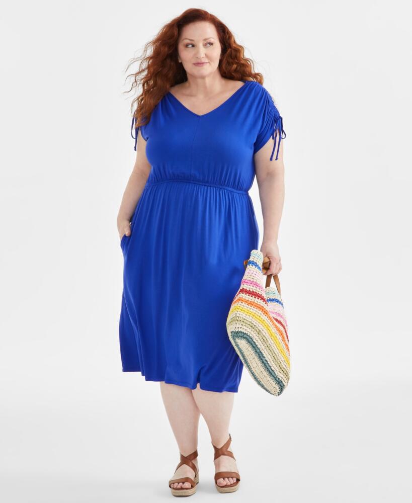 Style & Co Plus Size V-Neck Shirred-Sleeve Dress, Created for Macy's - Jazzy Blue Cover