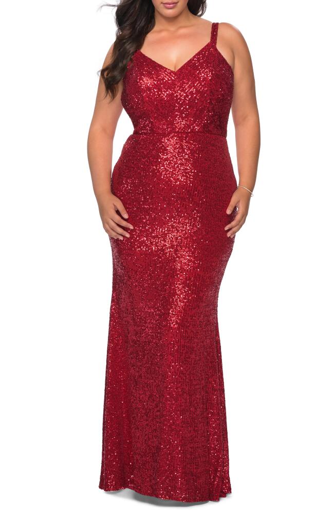 La Femme Sequin Crisscross Back Trumpet Gown in Red Cover