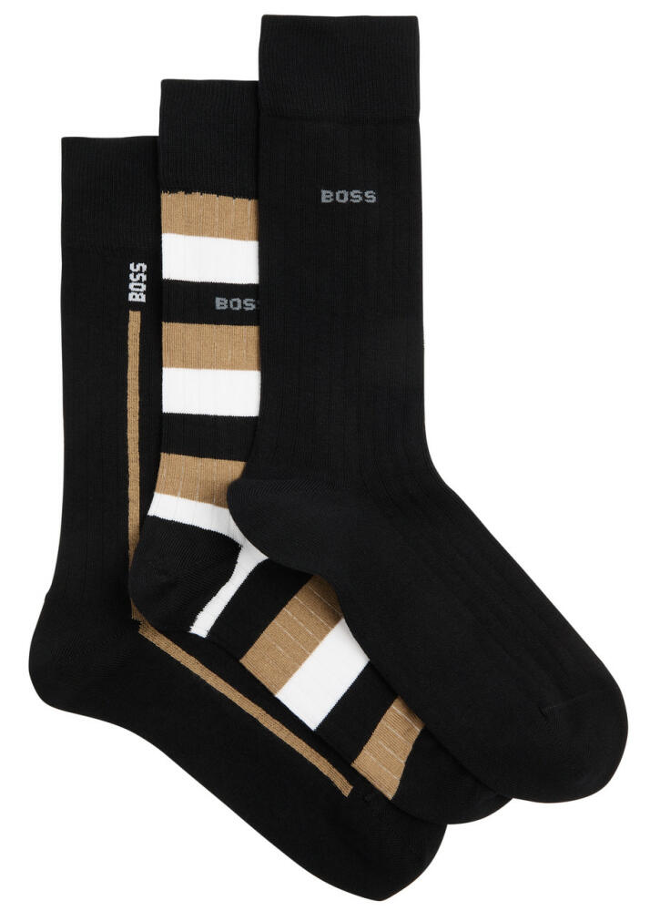 Boss Logo Striped Cotton-blend Socks - set of Three - Black Cover