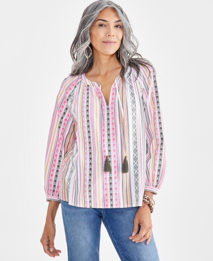 Style & Co Petite Mountain Stripe Popover Peasant Blouse, Created for Macy's - Mountain White Cover