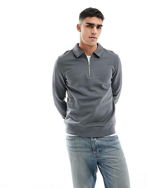 ASOS DESIGN polo half zip sweatshirt in washed black-Gray Cover