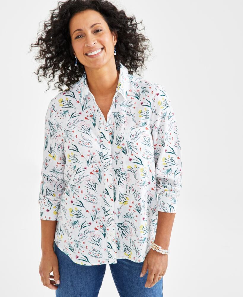 Style & Co Petite Printed Linen Blend Button-Up Shirt, Created for Macy's - Floral White Cover