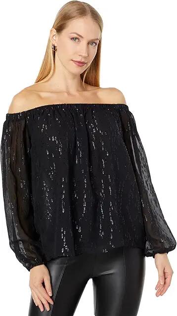 Lilly Pulitzer Emilee Long Sleeve Off-the-Shoulder (Onyx Fish Clip Chiffon) Women's Clothing Cover