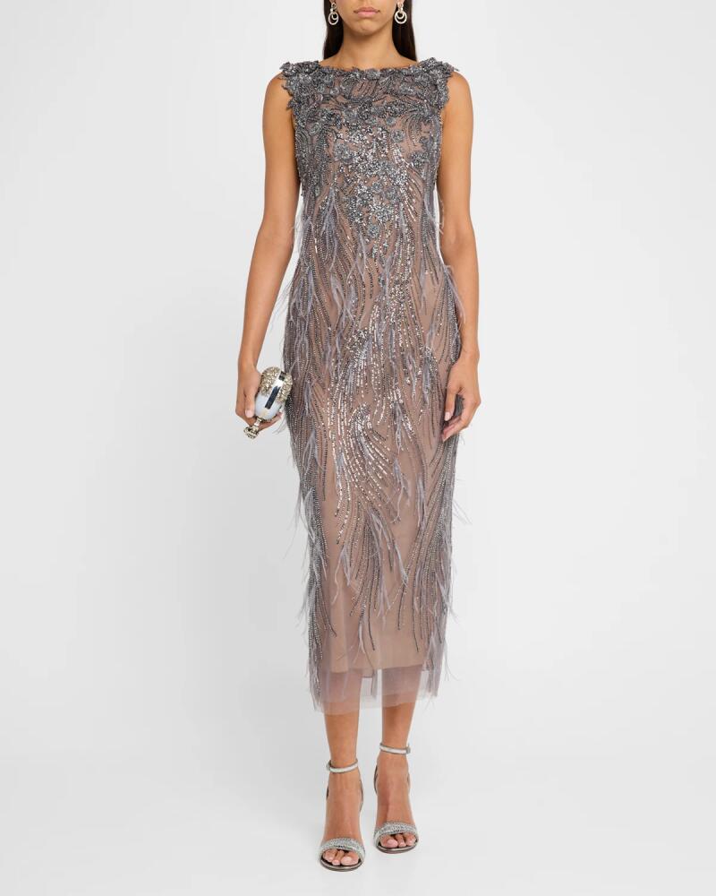 Marchesa Beaded Ostrich-Feather Embroidered Cocktail Dress Cover