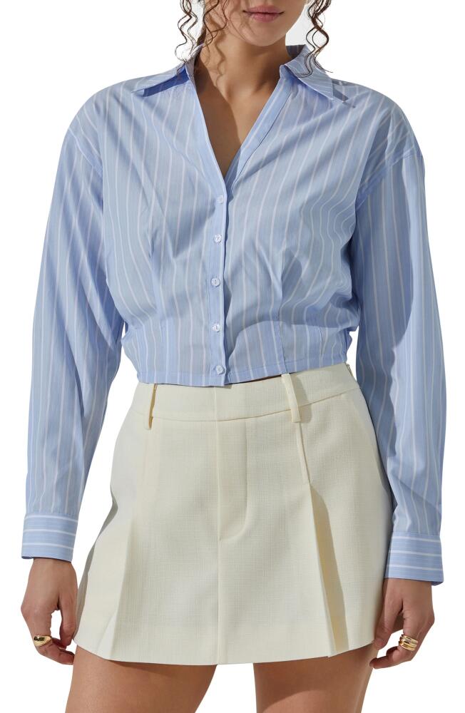 ASTR the Label Pinstripe Cotton Crop Button-Up Shirt in Light Blue Stripe Cover