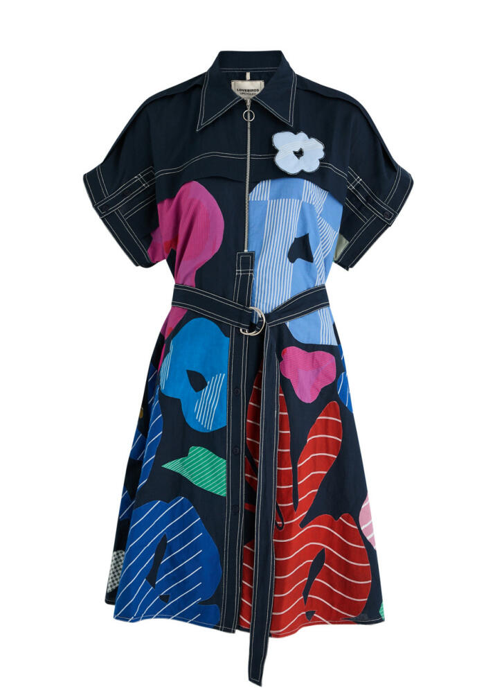 Lovebirds Printed and Appliquéd Linen-blend Dress - Navy Cover