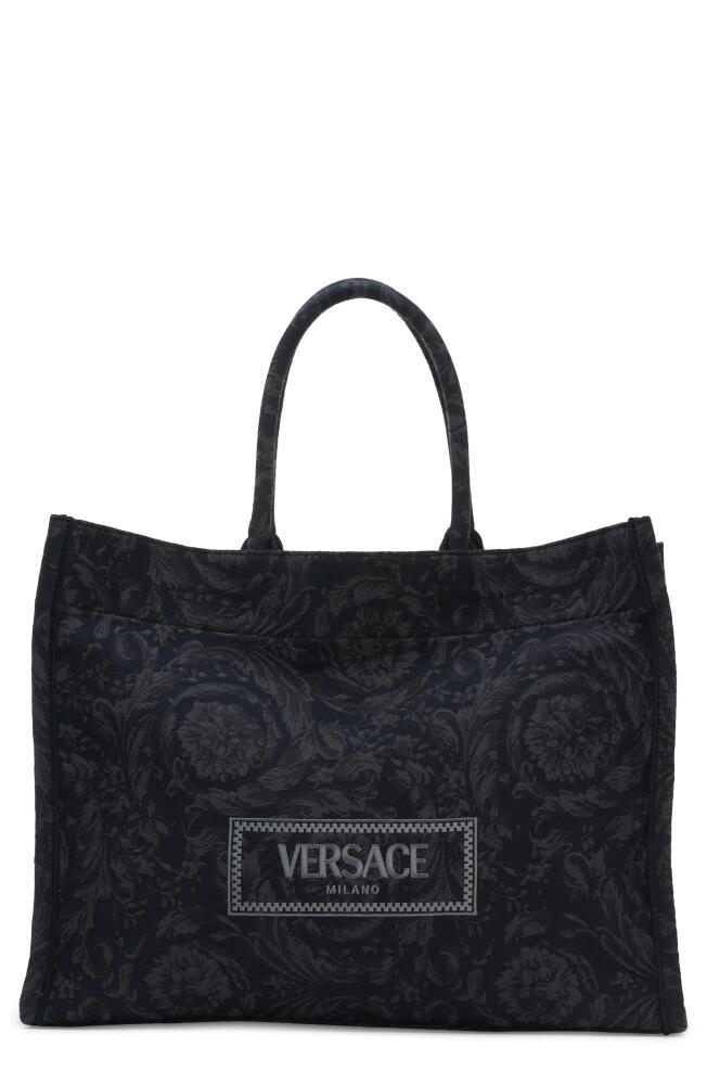 Versace Extra Large Logo Embroidered Barocco Jacquard Tote in Black Black Versace Gold Cover