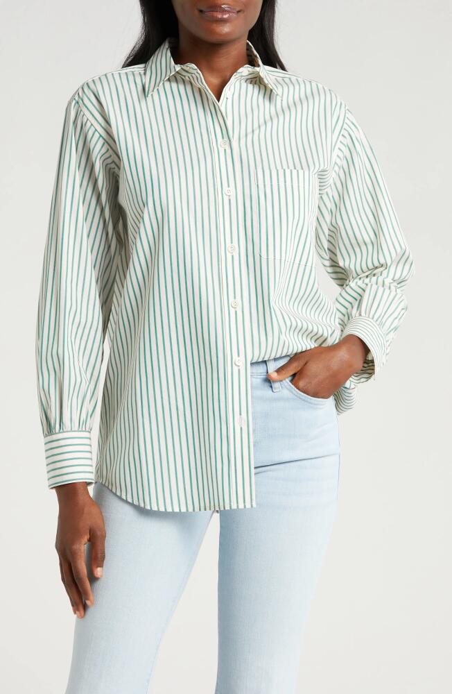 FRAME The Borrowed Pocket Stripe Cotton Button-Up Shirt in Green Gem Multi Cover