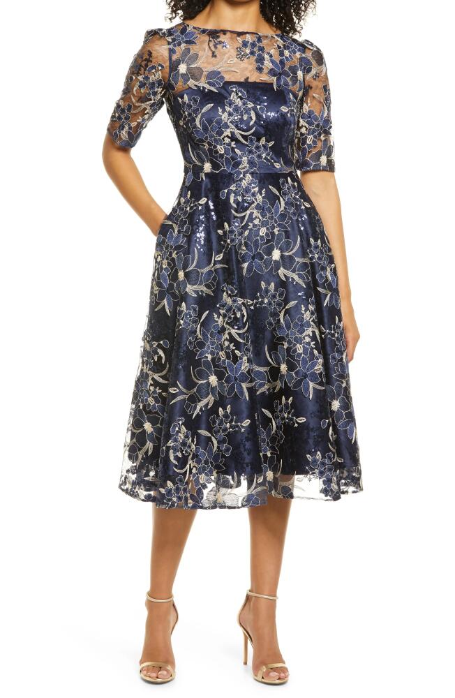 Eliza J Sequin Floral Embroidery Fit & Flare Cocktail Midi Dress in Navy Cover