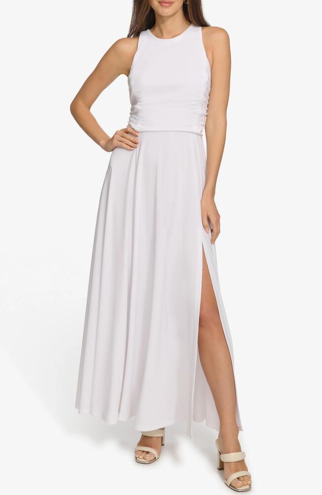 DKNY Ruched Mesh Trim Sleeveless Maxi Dress in White Cover