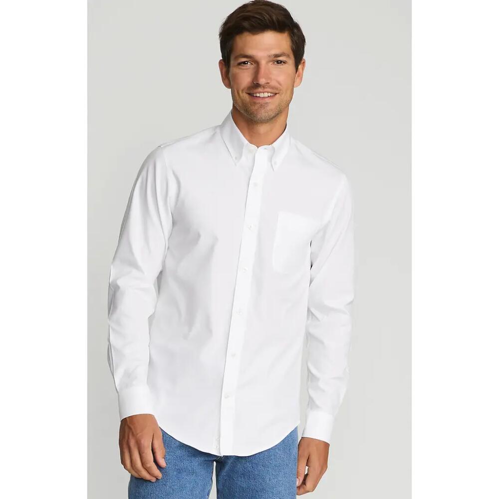 Lands' End School Uniform Tailored Fit No Iron Solid Supima Cotton Pinpoint Buttondown Collar Dress Shirt in White Cover