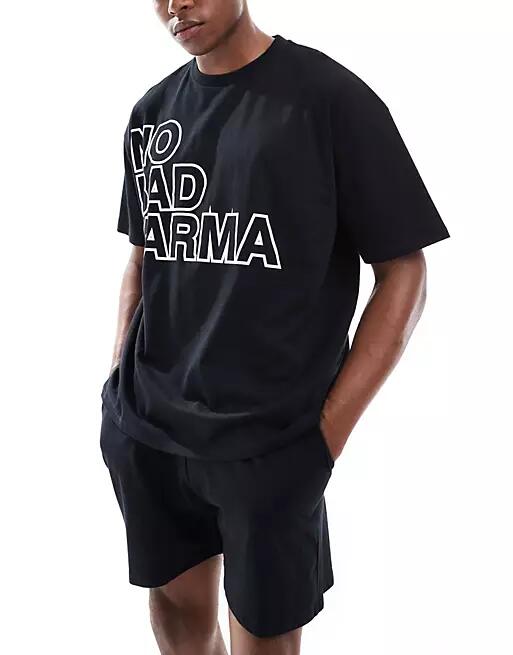 ASOS DESIGN pajama set with No Bad Karma graphics in black Cover