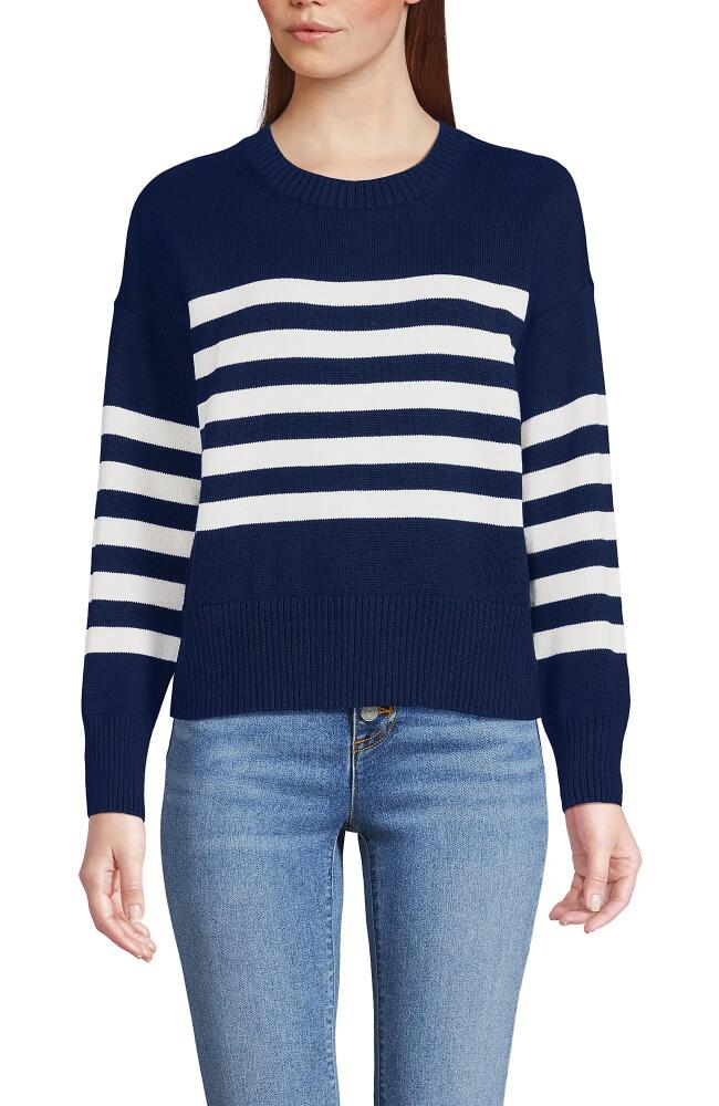 Lands' End Cotton Easy Fit Crew Neck Sweater in Deep Sea Navy Placed Stripe Cover