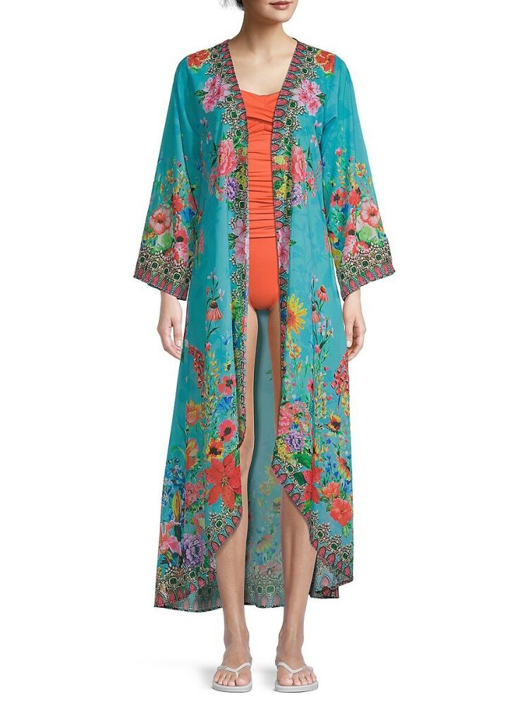 Ranee's Women's Floral-Print Open-Front Cover-Up - Blue Cover