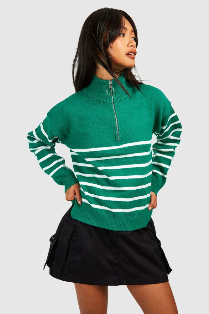 boohoo Womens Half Zip Stripe Knit Sweater - Green Cover