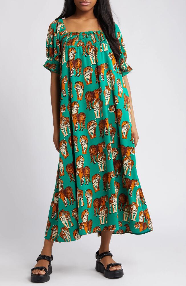 Dressed in Lala Tiger Print Smocked Maxi Dress in Green Tiger Cover