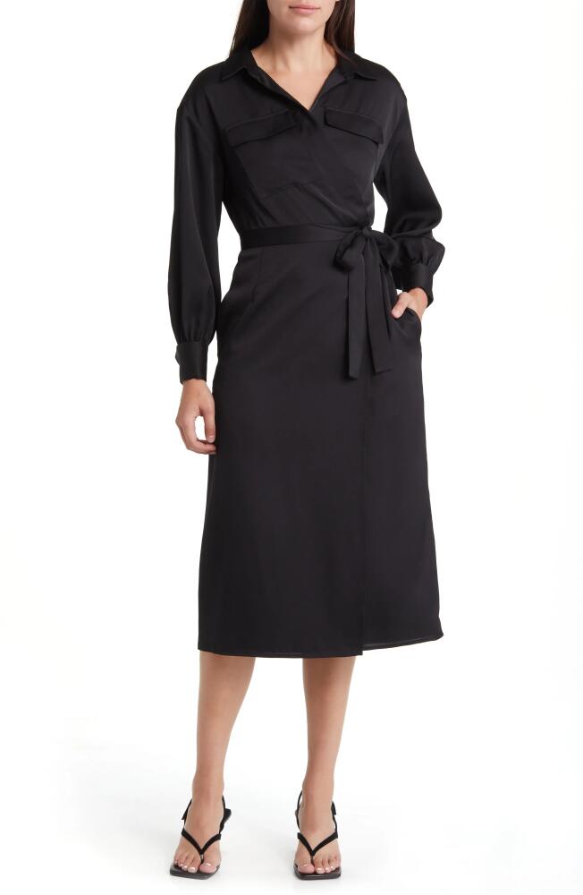 French Connection Harlow Long Sleeve Satin Midi Wrap Dress in 01-Blackout Cover