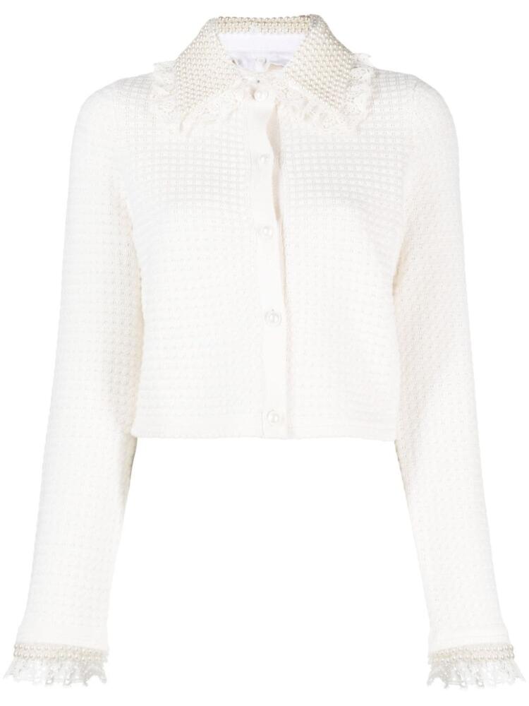 alice + olivia waffle-knit pearl-embellished cardigan - White Cover