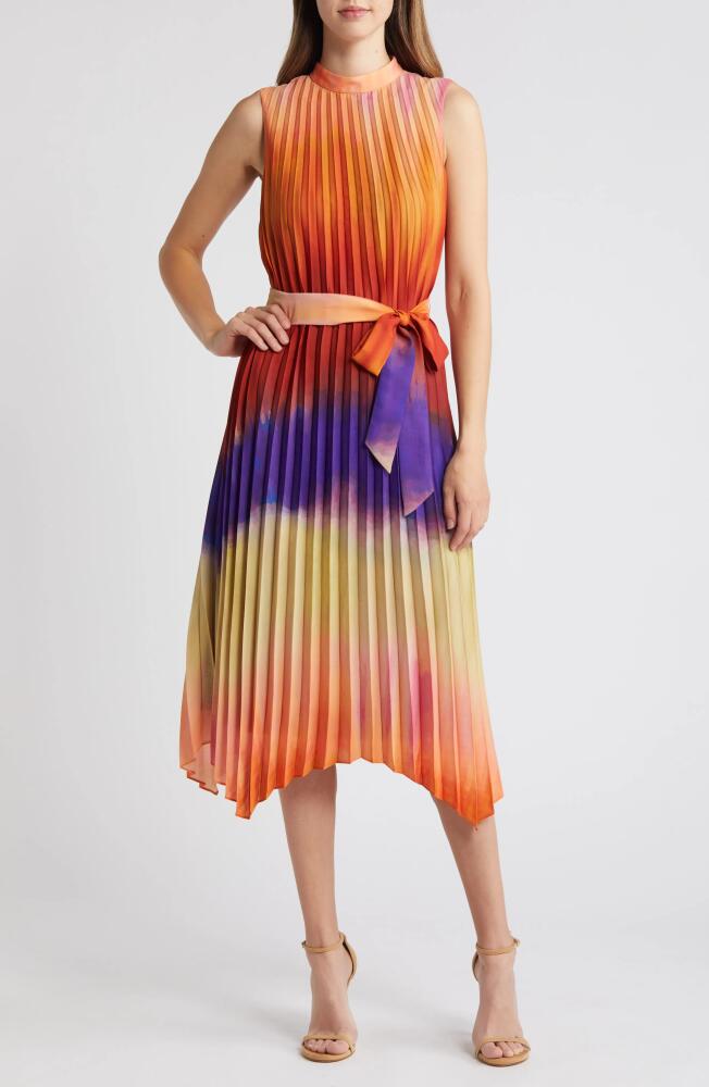 Tahari ASL Ombré Colorblock Pleated Midi Dress in Orange Multi Cover