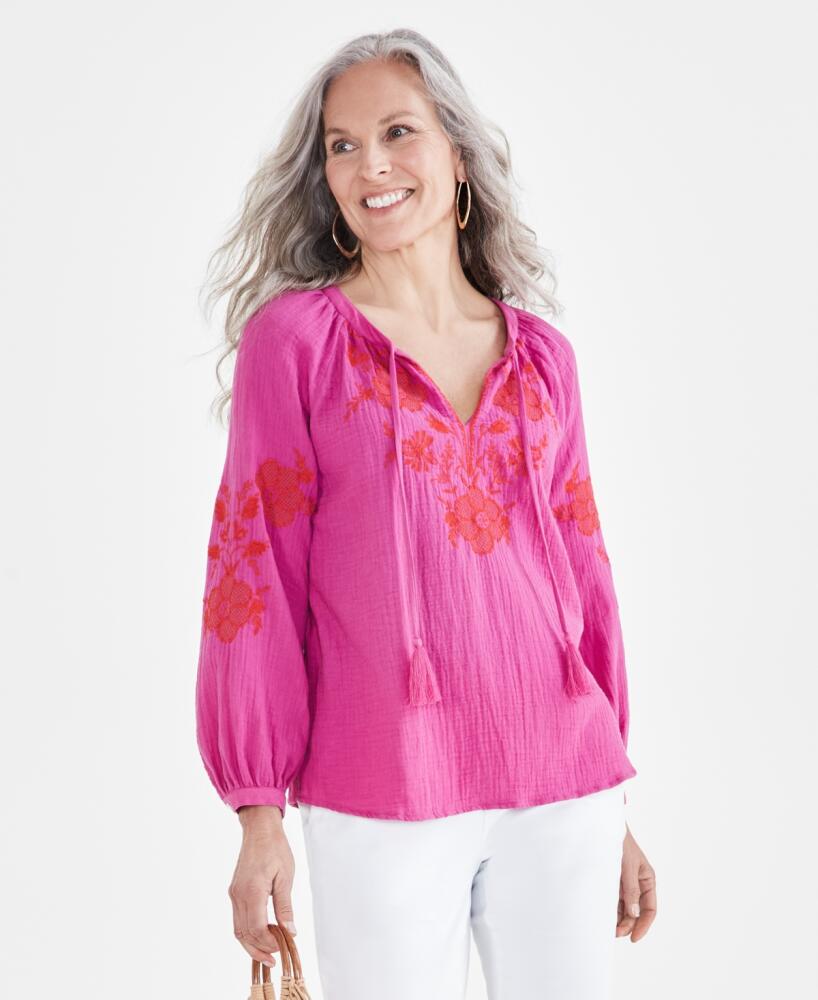 Style & Co Petite Nala Embroidered Popover Peasant Blouse, Created for Macy's - Nala Fuschia Cover