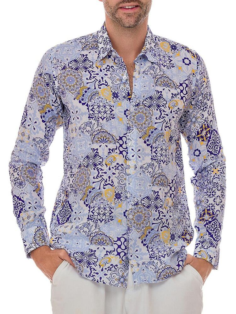 Ranee's Men's Print Linen Shirt - Blue Cover