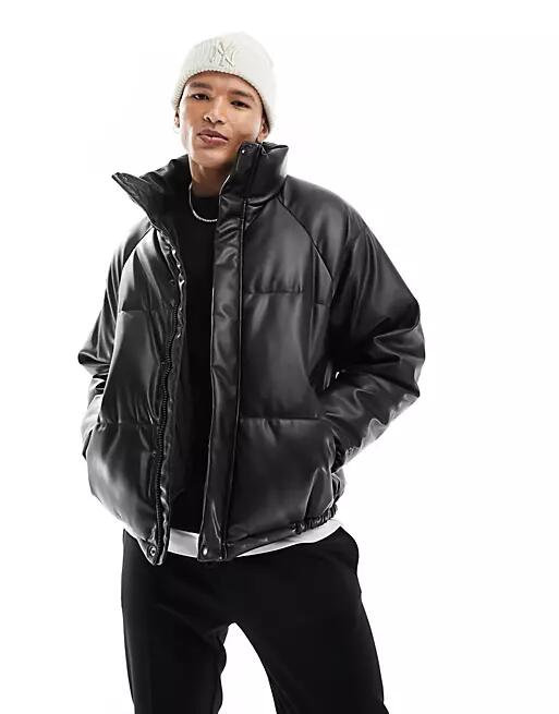 Pull & Bear faux leather puffer jacket in black Cover