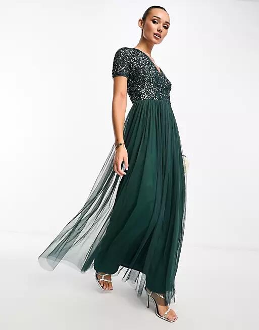 Maya Bridesmaid short sleeve maxi tulle dress with tonal delicate sequins in emerald green Cover