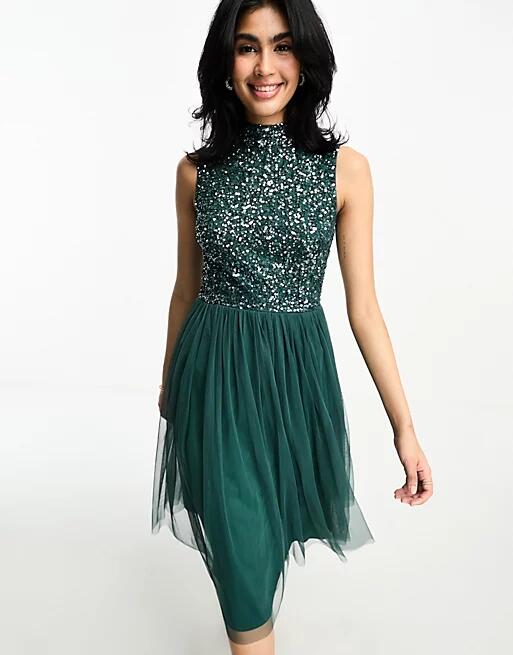 Maya Bridesmaid high neck midi tulle dress with tonal delicate sequin in emerald-Green Cover