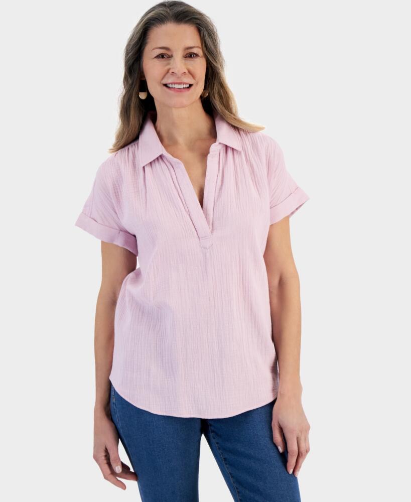 Style & Co Petite Cotton Short-Sleeve Camp Shirt, Created for Macy's - Lilac Cover