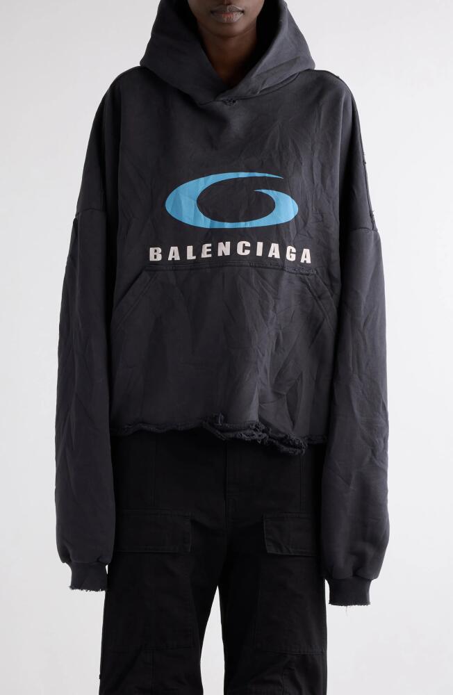 Balenciaga Logo Distressed Crop Graphic Hoodie in Washed Black/Blue Cover