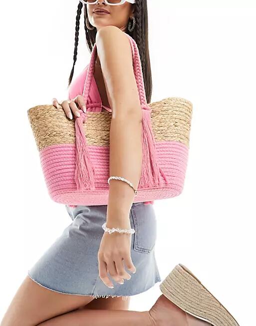 South Beach rope detail tote bag in hot pink and natural-Neutral Cover