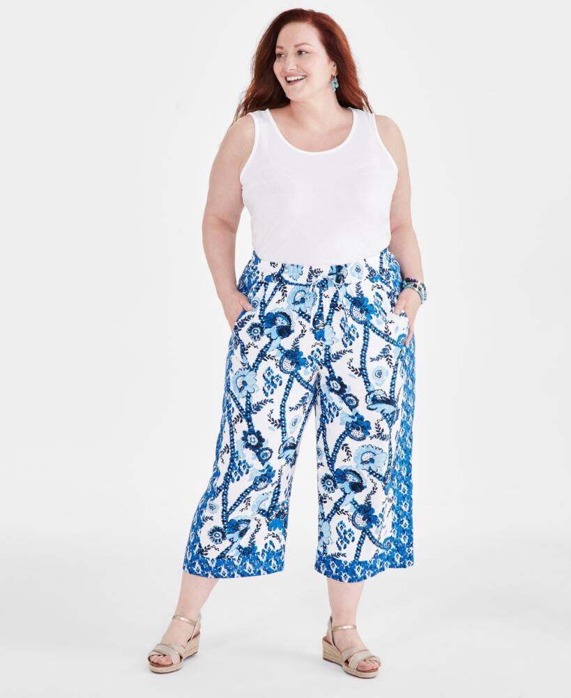 Style & Co Plus Size Linen Printed Drawstring Capri Pants, Created for Macy's - Bright White Cover