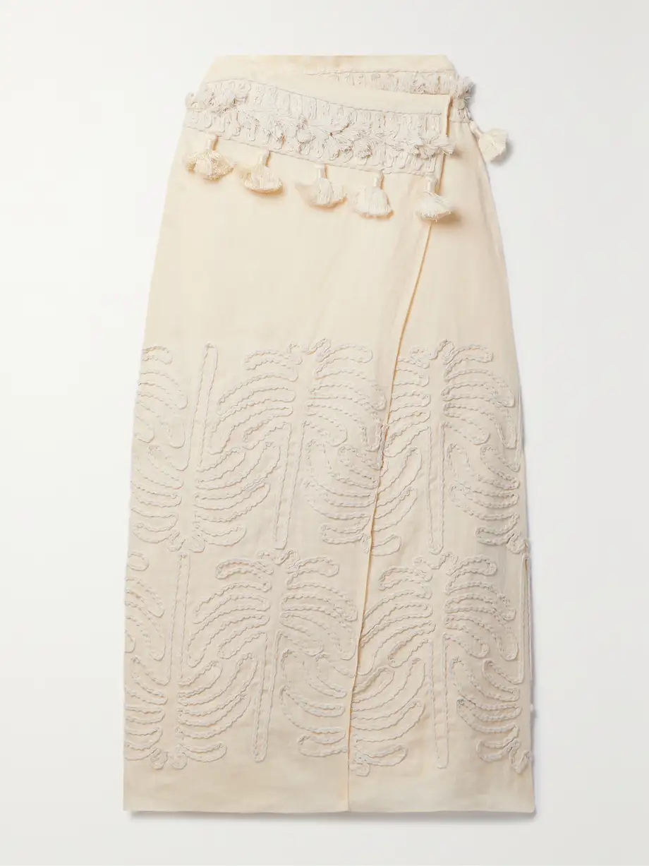 Johanna Ortiz - + Net Sustain Tansania Sun Tassled Embroiderd Linen And Cotton-blend Midi Wrap Skirt - Ecru Cover