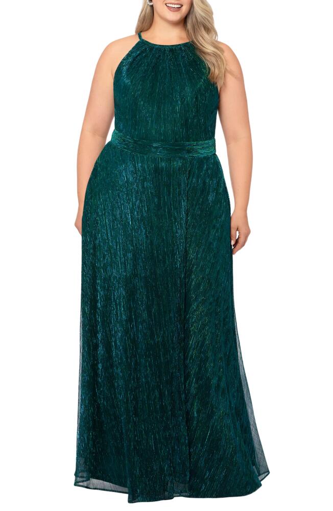 Betsy & Adam Metallic Crinkle A-Line Gown in Jade Cover