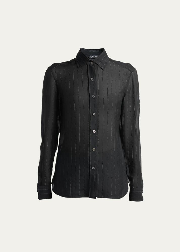 TOM FORD Metallic Pinstripe Sheer Button Up Blouse Cover