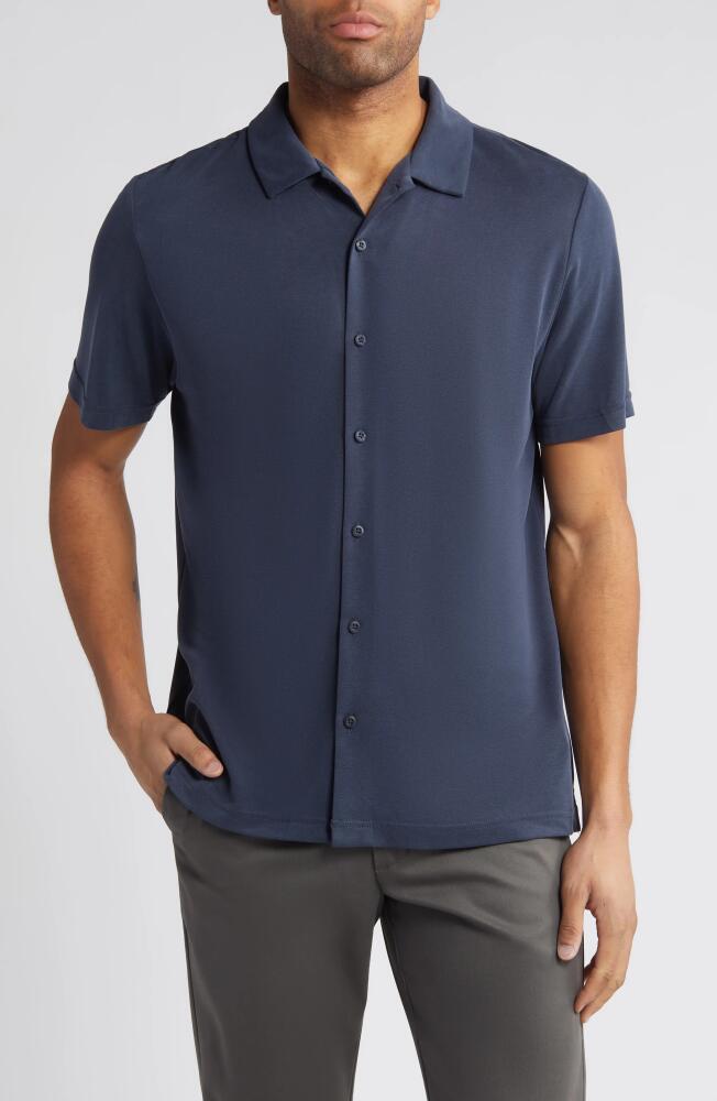 Johnston & Murphy Bird's Eye Short Sleeve Knit Button-Up Shirt in Navy Cover