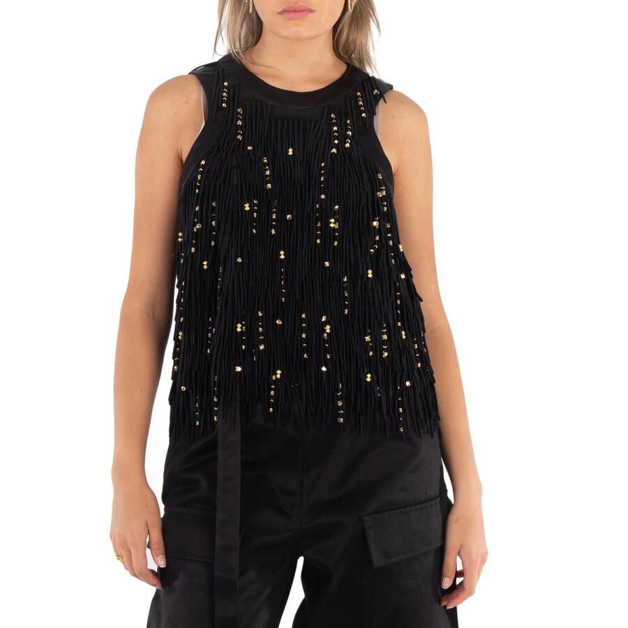 Sacai Ladies Black Beaded Fringe Lace Tank Top Cover