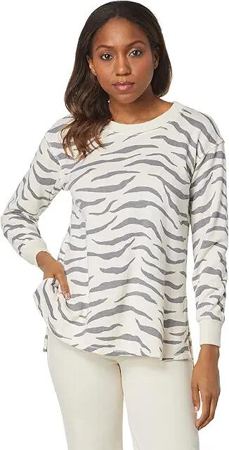 Mod-o-doc Tiger Printed Loop Terry Long Sleeve Oversized Sweatshirt with Step-Hem (Fresh Linen) Women's Clothing Cover