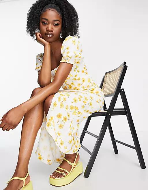 Ever New puff sleeve square neck midi dress in buttercup floral-Yellow Cover