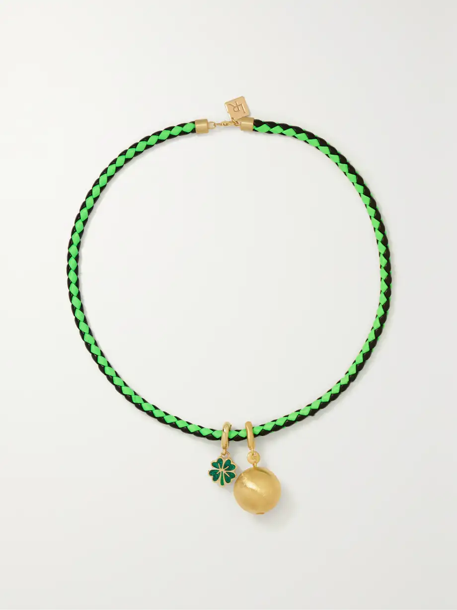 Lauren Rubinski - 14-karat Gold, Enamel And Leather Necklace - Green Cover