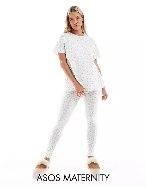 ASOS DESIGN Maternity exclusive floral print nursing tee & leggings pajama set-White Cover