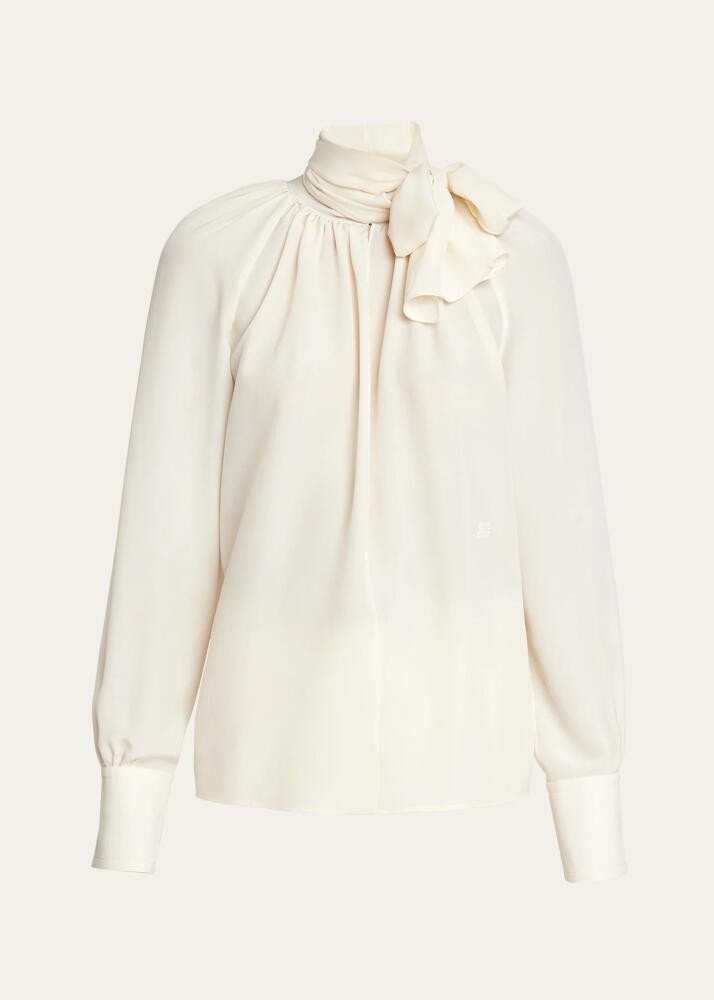 Givenchy Embroidered 4G Long-Sleeve Tie-Neck Silk Blouse Cover