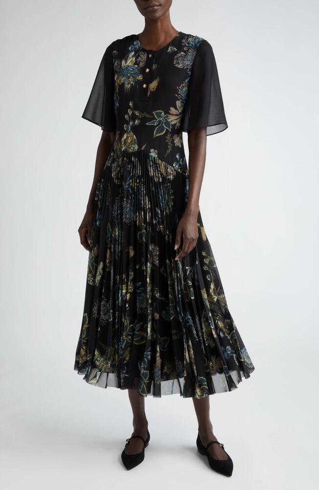 Jason Wu Collection Floral Forest Pleated Drop Waist Midi Dress in Black/Multi Cover