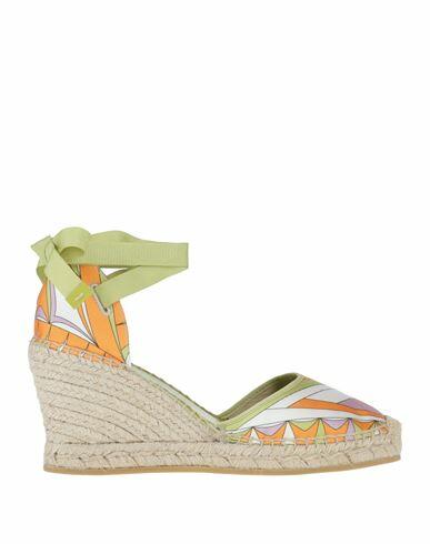 Pucci Woman Espadrilles Green Calfskin, Polyester, Jute, Rubber Cover