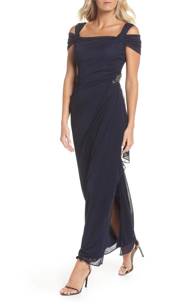 Alex Evenings Embellished Cold Shoulder Column Evening Gown in Navy Cover